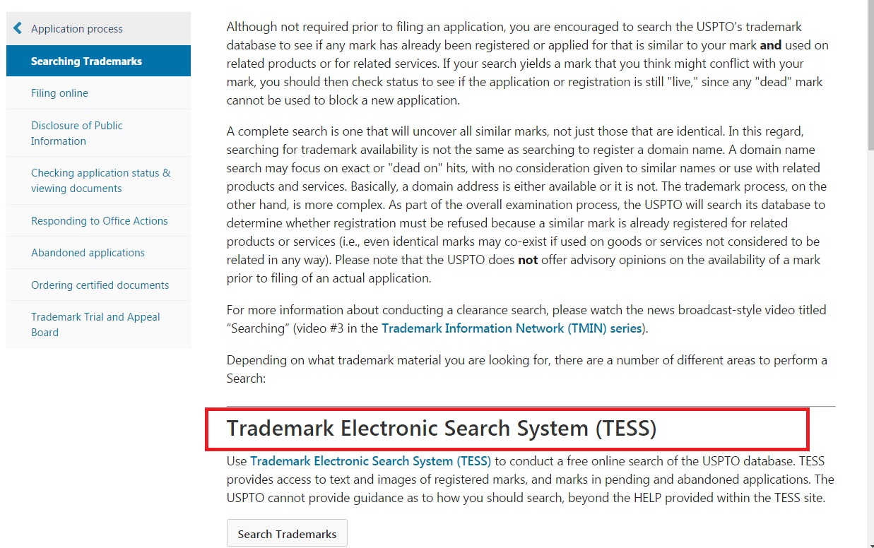 Trademark application shop search