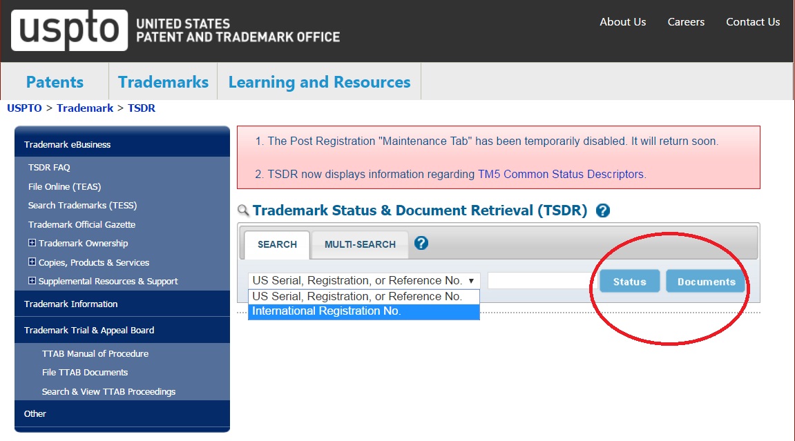 Trademark deals status search